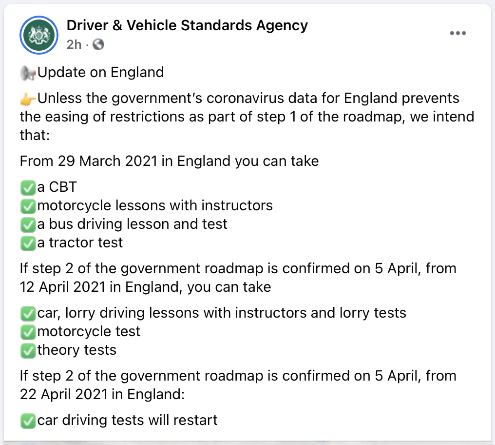 DVSA Covid 19 Update